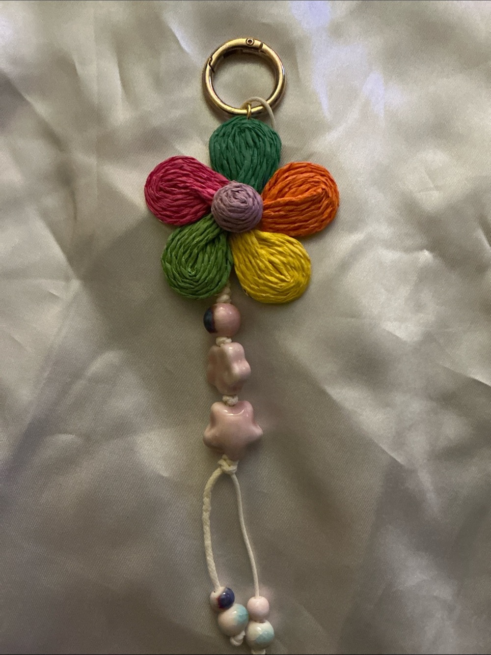 Handmade Multicolor Flower Keychain with Pink & White Bead Tassel